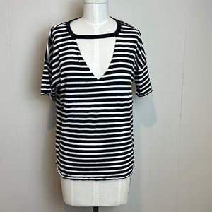Topshop black and white striped deep v oversized t-shirt.